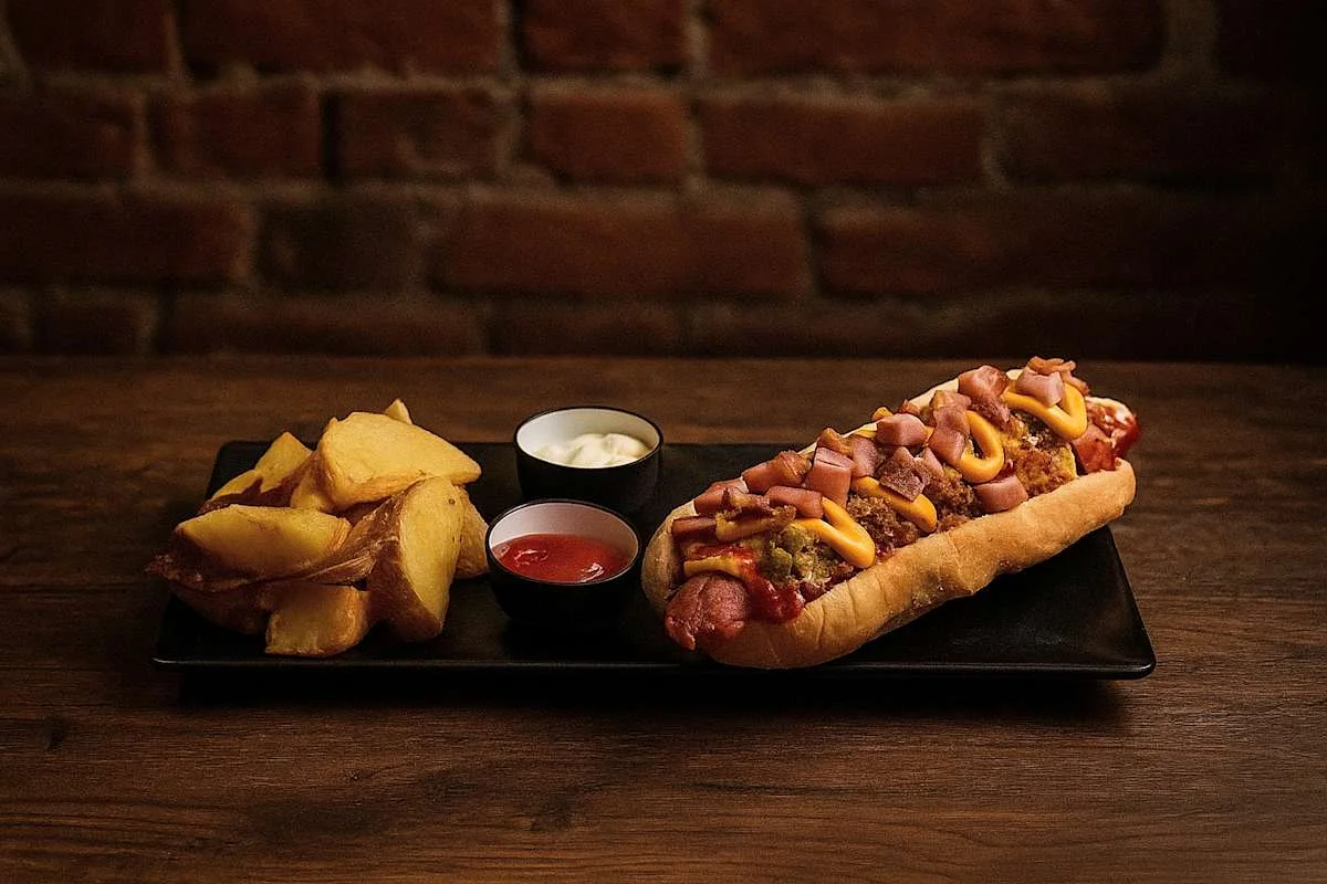Perrito especial de El Pecador con bacon, cheddar y relish