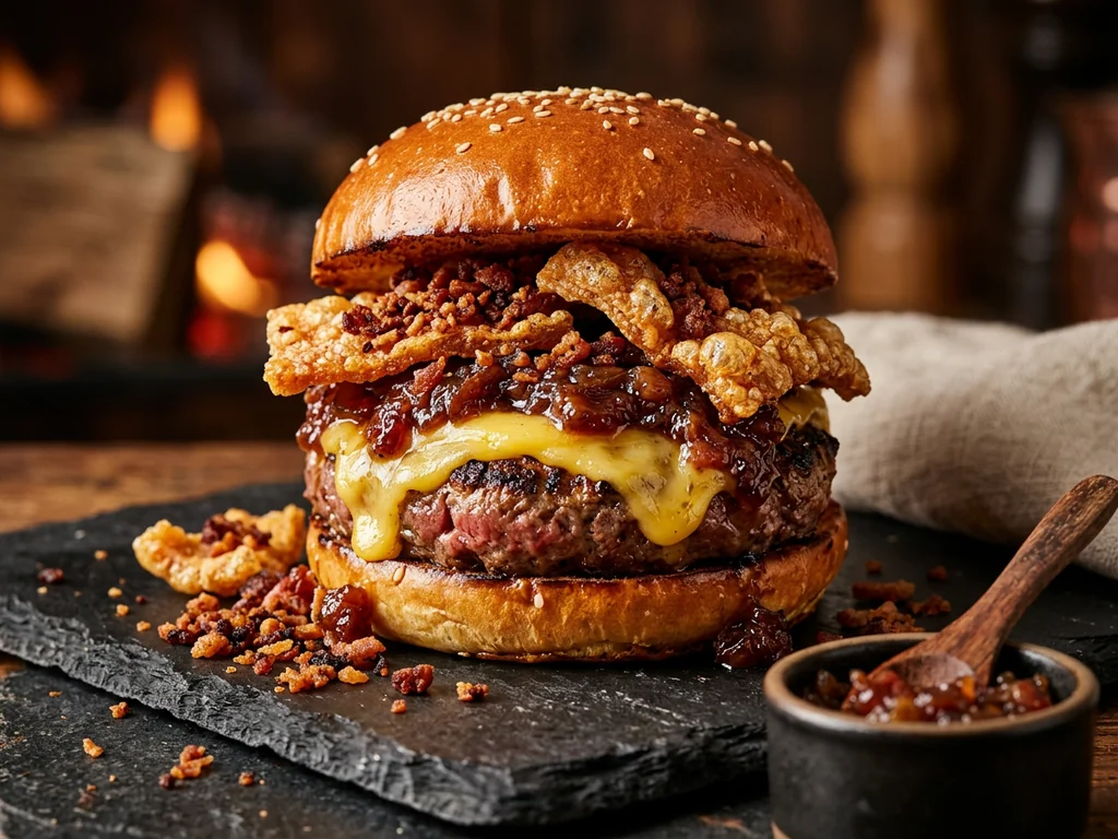 Hamburguesa bacon: doble carne, doble cheddar, bacon, cebolla crunchy y salsa bacon