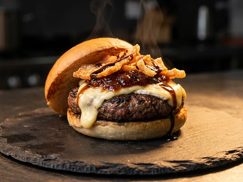 Hamburguesa sweet: doble carne, mermelada de la casa, queso crema, bacon y aros de cebolla