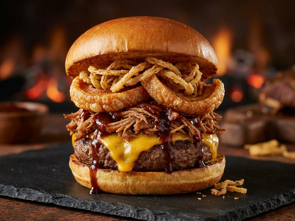 Hamburguesa mexicana: doble carne, salsa de pepinillos, mostaza dulce, jalapeños, cebolla y tomate