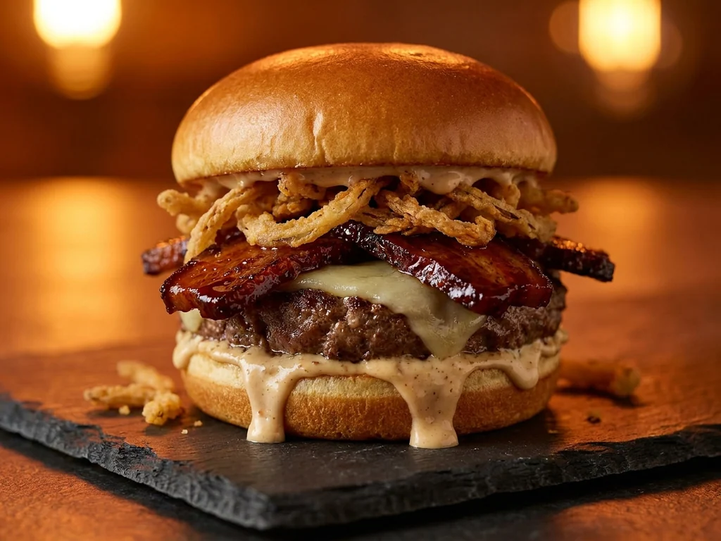 Hamburguesa cecina: doble carne, queso de cabra, cecina y cebolla caramelizada